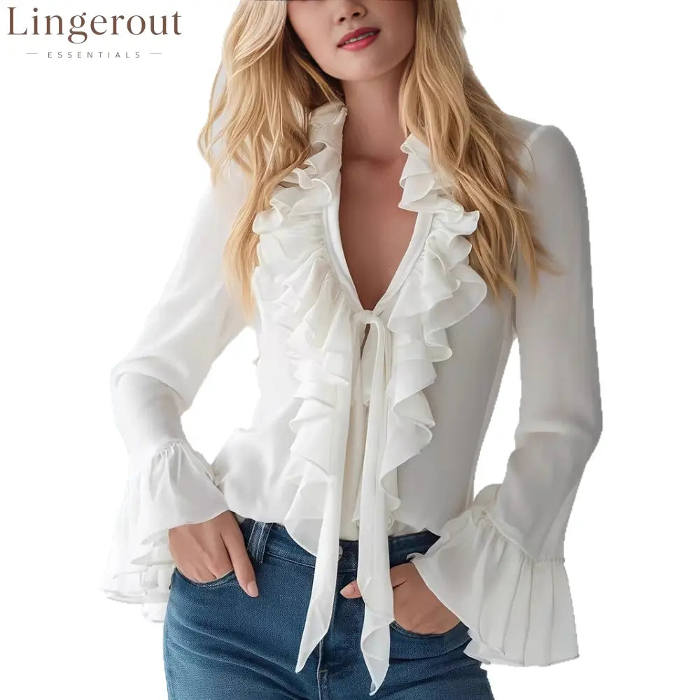 Ruffle V Neck Tie Front Flared Long Sleeve Slim Chiffon Blouse