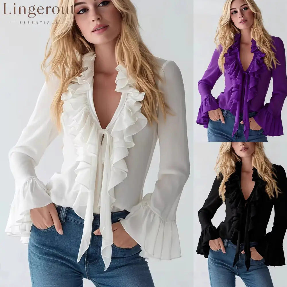 Ruffle V Neck Tie Front Flared Long Sleeve Slim Chiffon Blouse