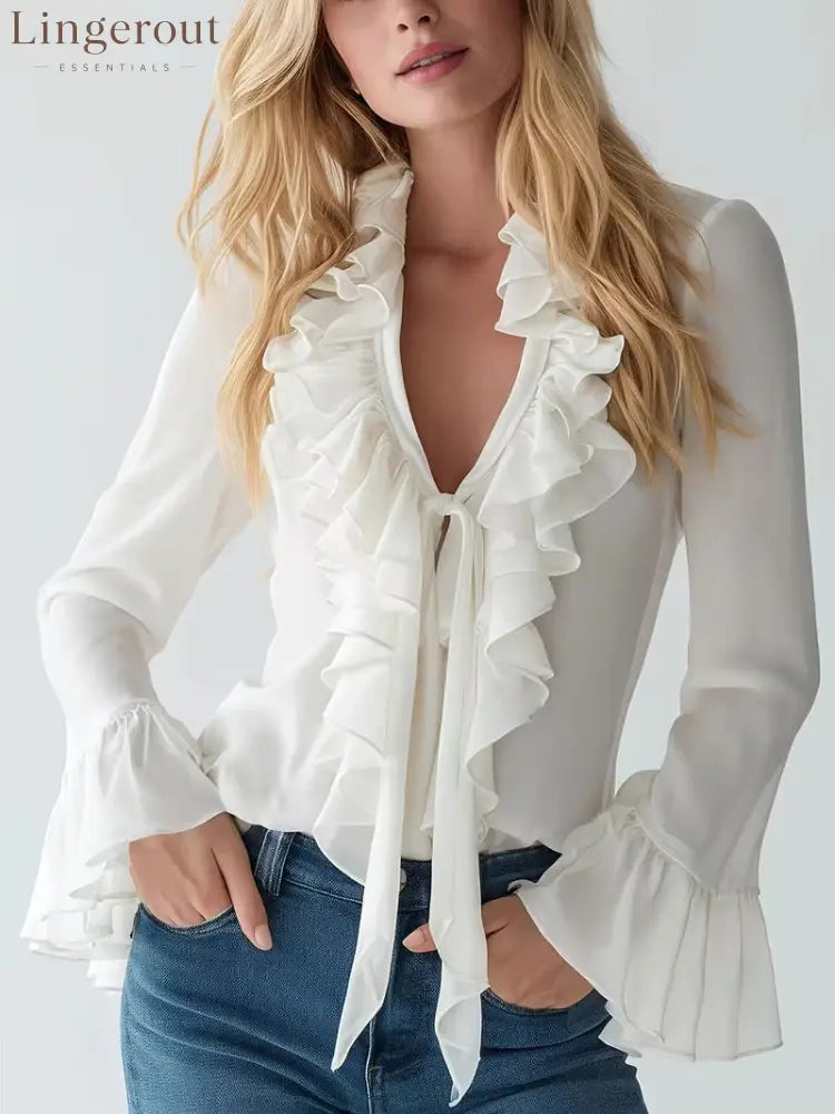 Ruffle V Neck Tie Front Flared Long Sleeve Slim Chiffon Blouse - White / S