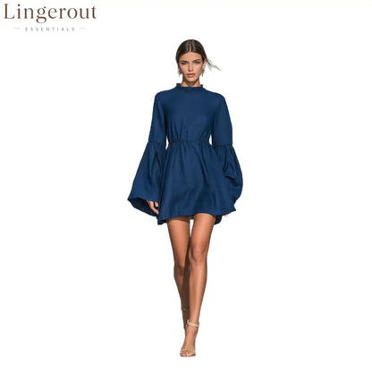 Ruffled High‑Neck Bell‑Sleeve Elastic Waist Mini Dress