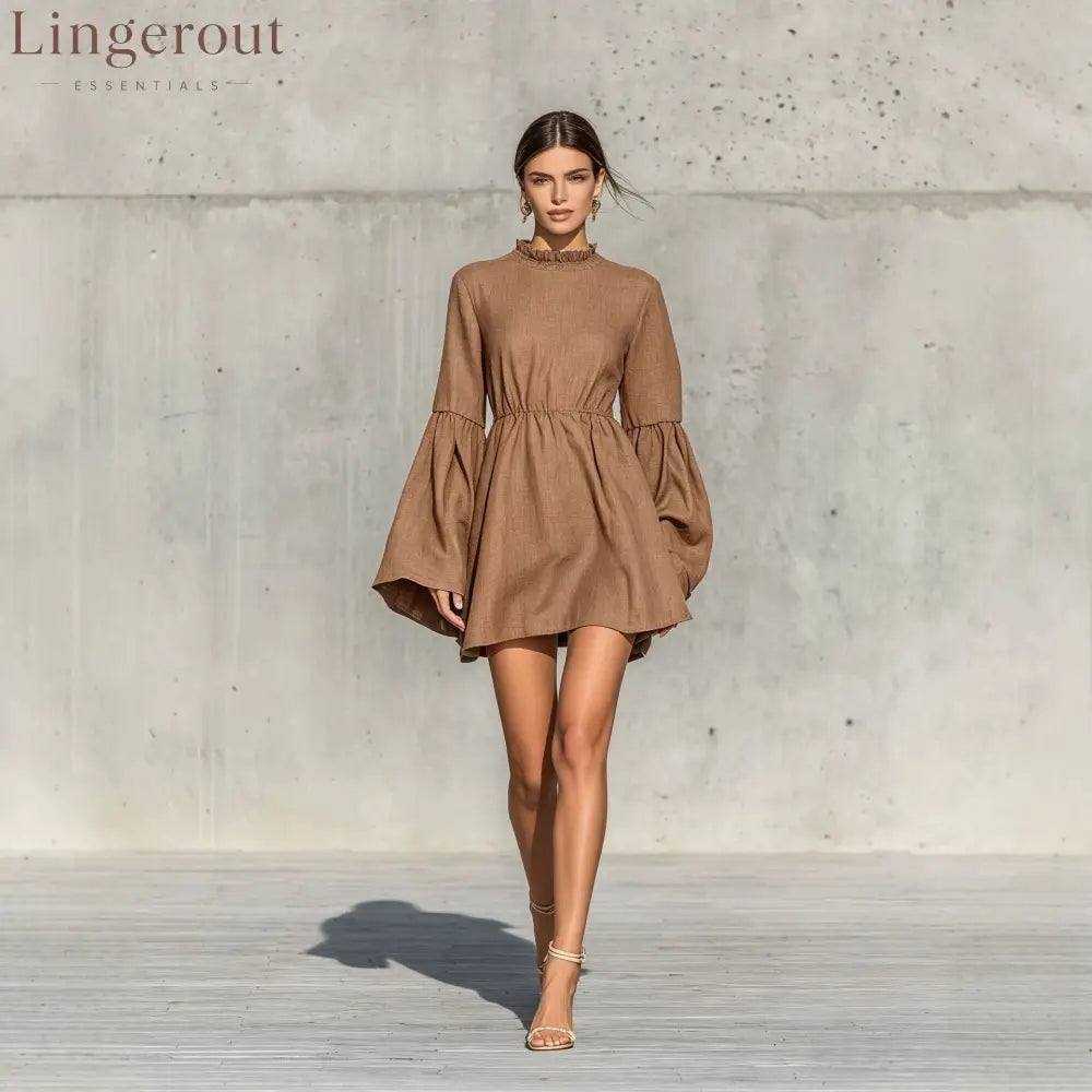 Ruffled High‑Neck Bell‑Sleeve Elastic Waist Mini Dress
