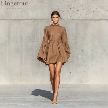 Ruffled High‑Neck Bell‑Sleeve Elastic Waist Mini Dress