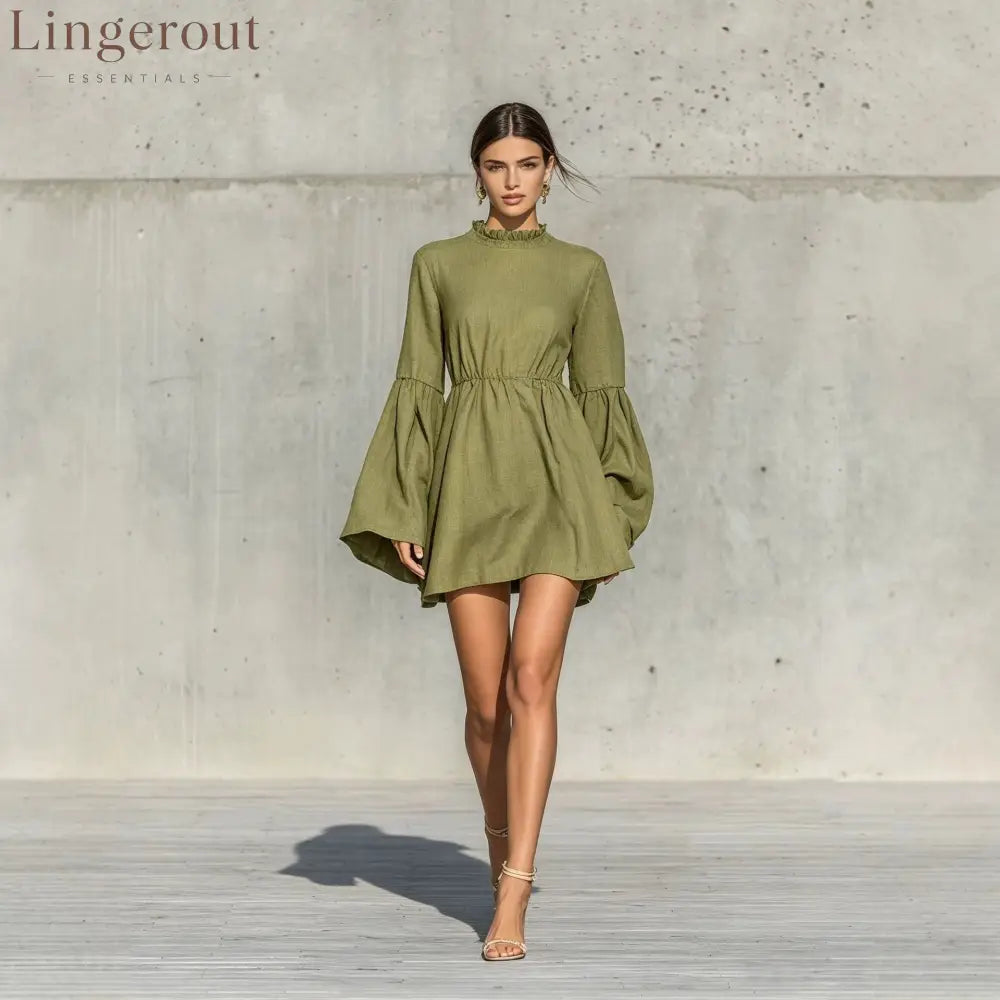 Ruffled High‑Neck Bell‑Sleeve Elastic Waist Mini Dress