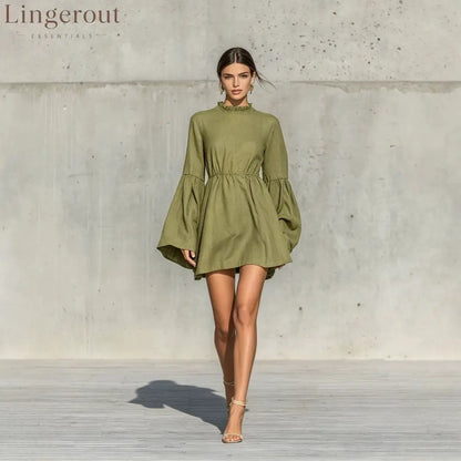 Ruffled High‑Neck Bell‑Sleeve Elastic Waist Mini Dress