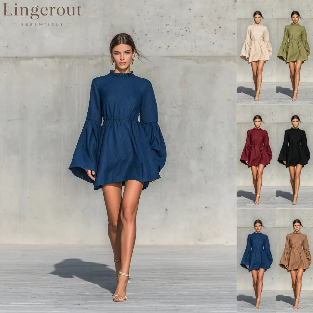 Ruffled High‑Neck Bell‑Sleeve Elastic Waist Mini Dress