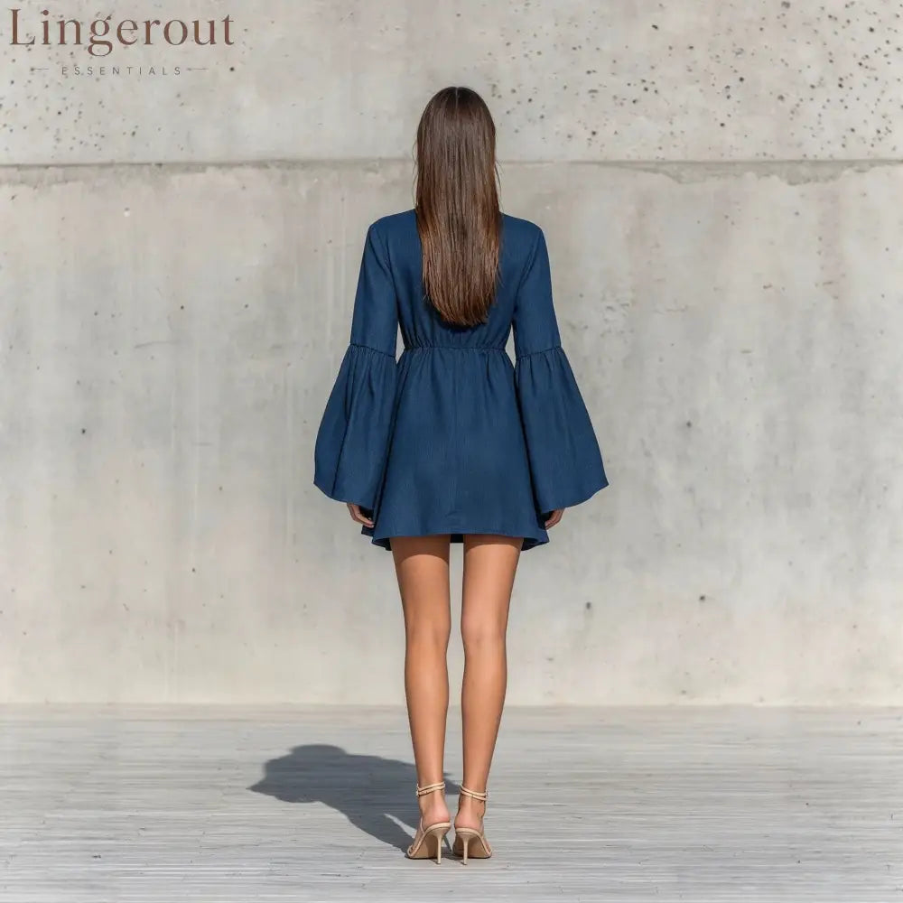 Ruffled High‑Neck Bell‑Sleeve Elastic Waist Mini Dress