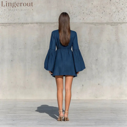Ruffled High‑Neck Bell‑Sleeve Elastic Waist Mini Dress