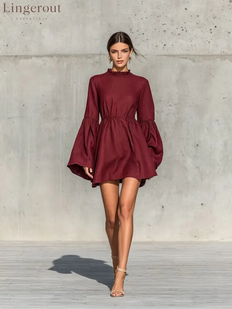 Ruffled High‑Neck Bell‑Sleeve Elastic Waist Mini Dress - burgundy / S