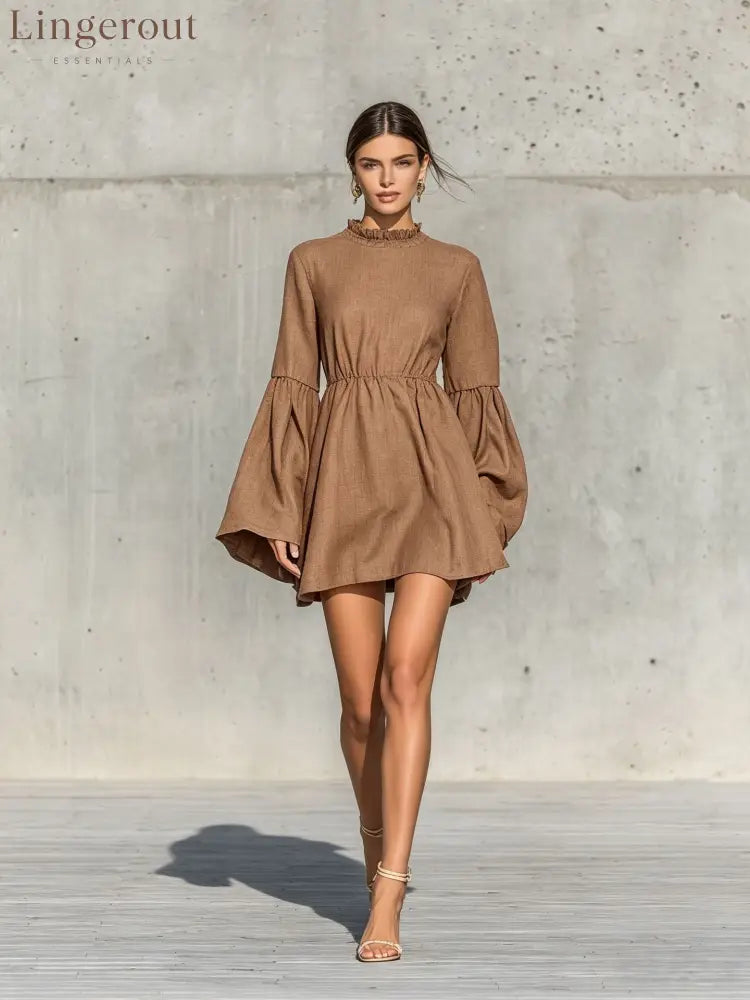 Ruffled High‑Neck Bell‑Sleeve Elastic Waist Mini Dress - coffee‑brown / S