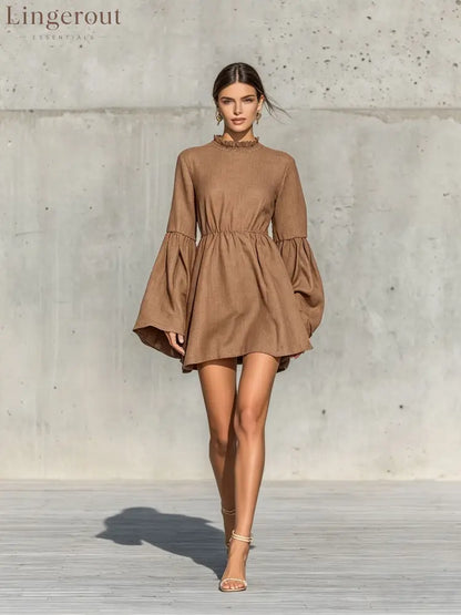Ruffled High‑Neck Bell‑Sleeve Elastic Waist Mini Dress - coffee‑brown / S