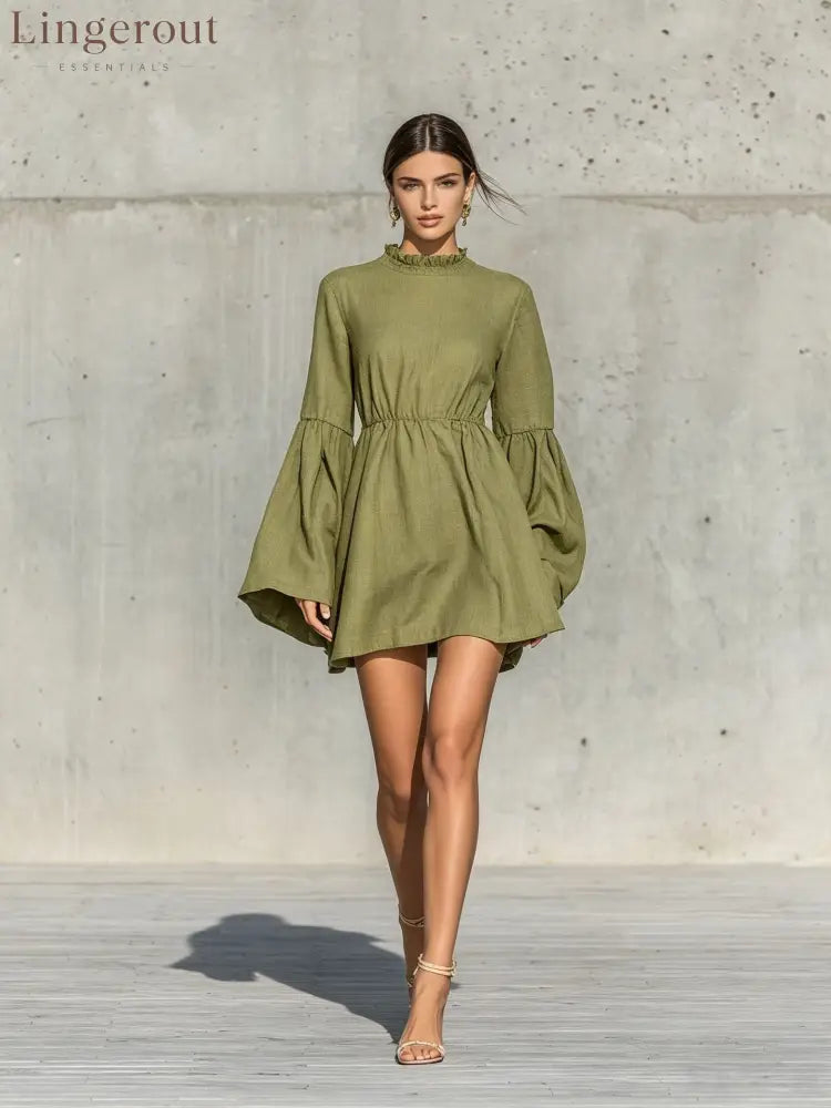 Ruffled High‑Neck Bell‑Sleeve Elastic Waist Mini Dress - olive green / S