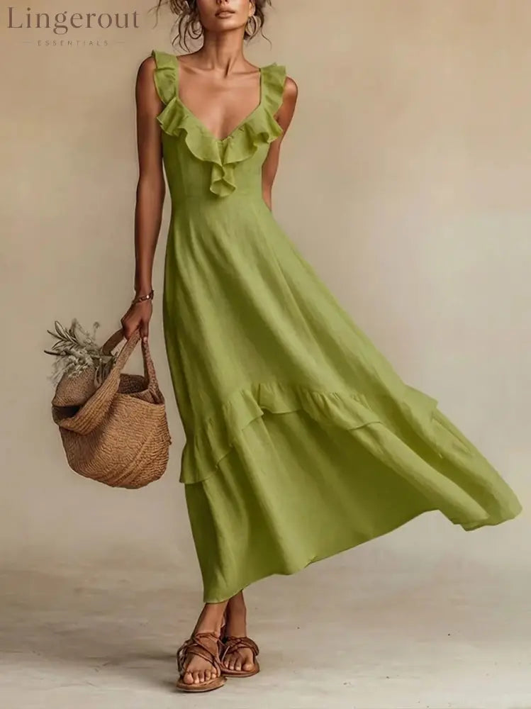 Ruffled Linen Blend Maxi Dress - Green / S