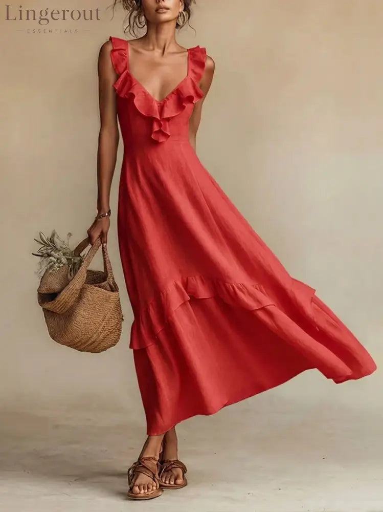 Ruffled Linen Blend Maxi Dress - Red / S