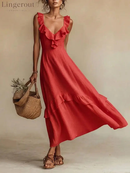 Ruffled Linen Blend Maxi Dress - Red / S