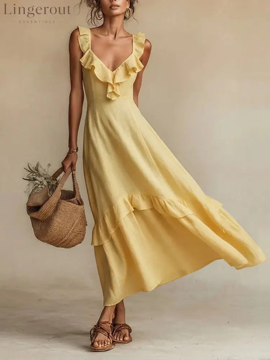 Ruffled Linen Blend Maxi Dress - Yellow / S