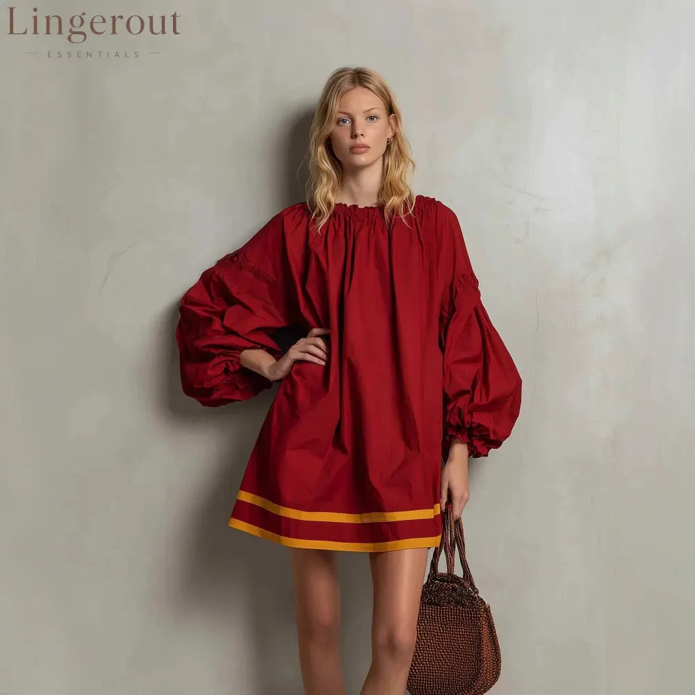 Ruffled Neck Balloon Sleeve Contrast Trim Poplin Mini Dress