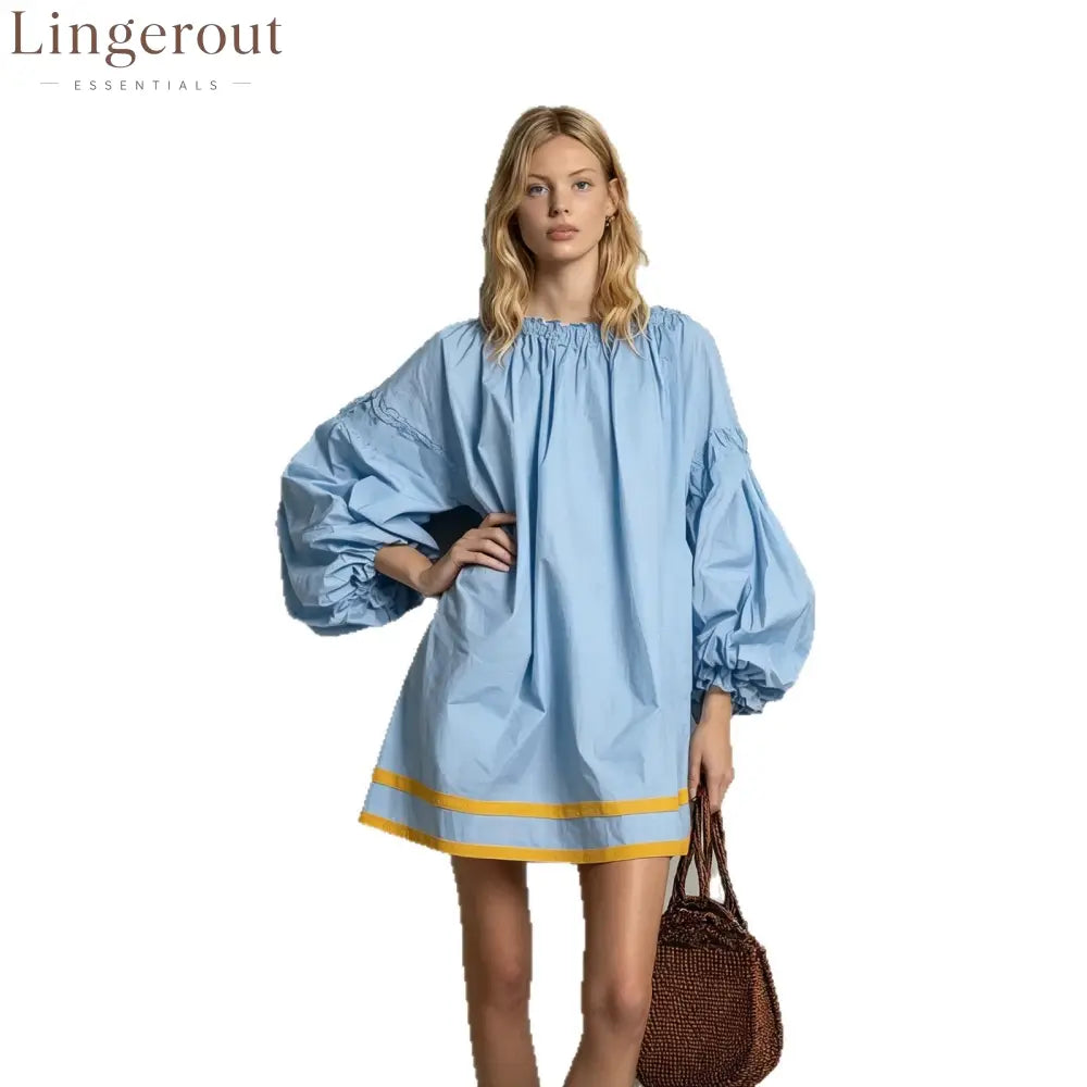 Ruffled Neck Balloon Sleeve Contrast Trim Poplin Mini Dress