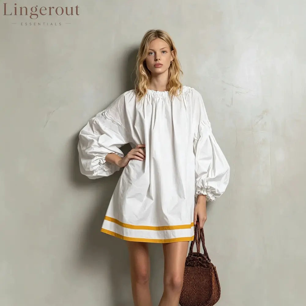Ruffled Neck Balloon Sleeve Contrast Trim Poplin Mini Dress