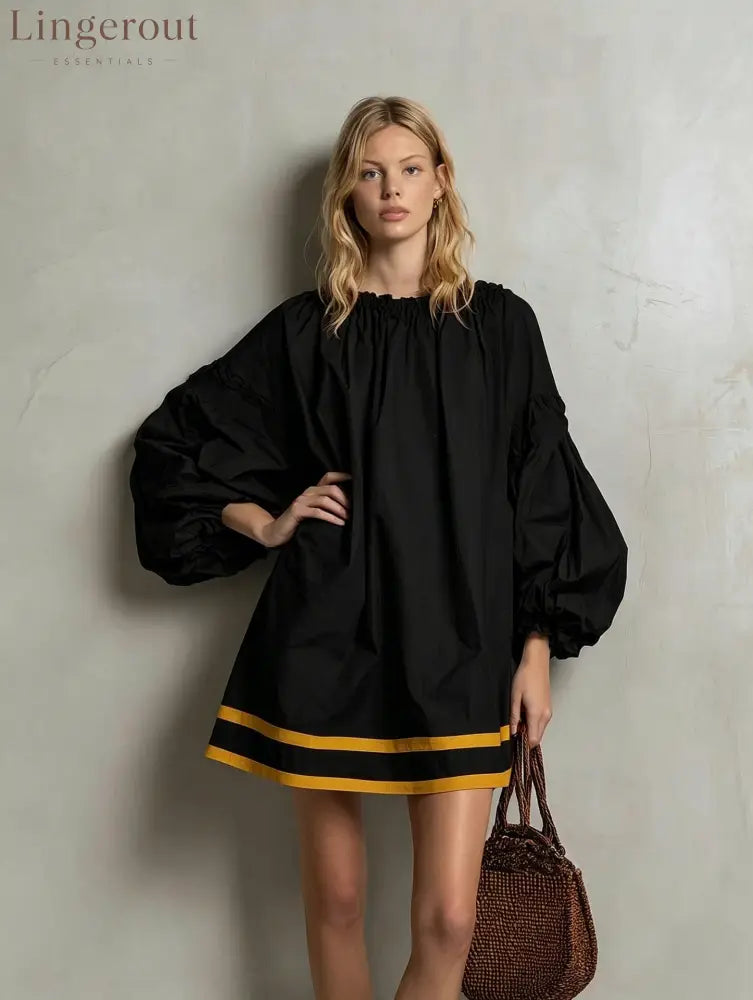 Ruffled Neck Balloon Sleeve Contrast Trim Poplin Mini Dress - black / S