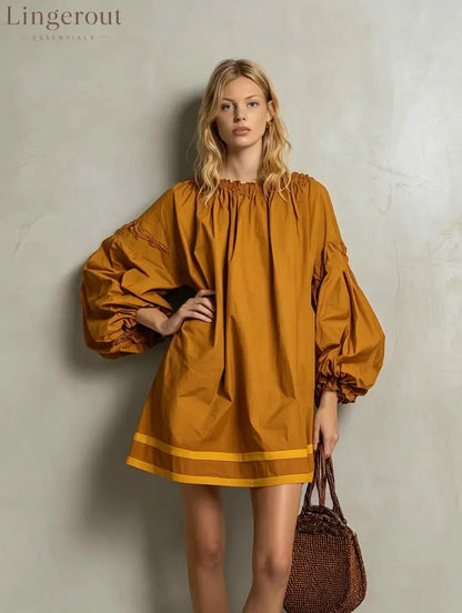 Ruffled Neck Balloon Sleeve Contrast Trim Poplin Mini Dress - khaki / S