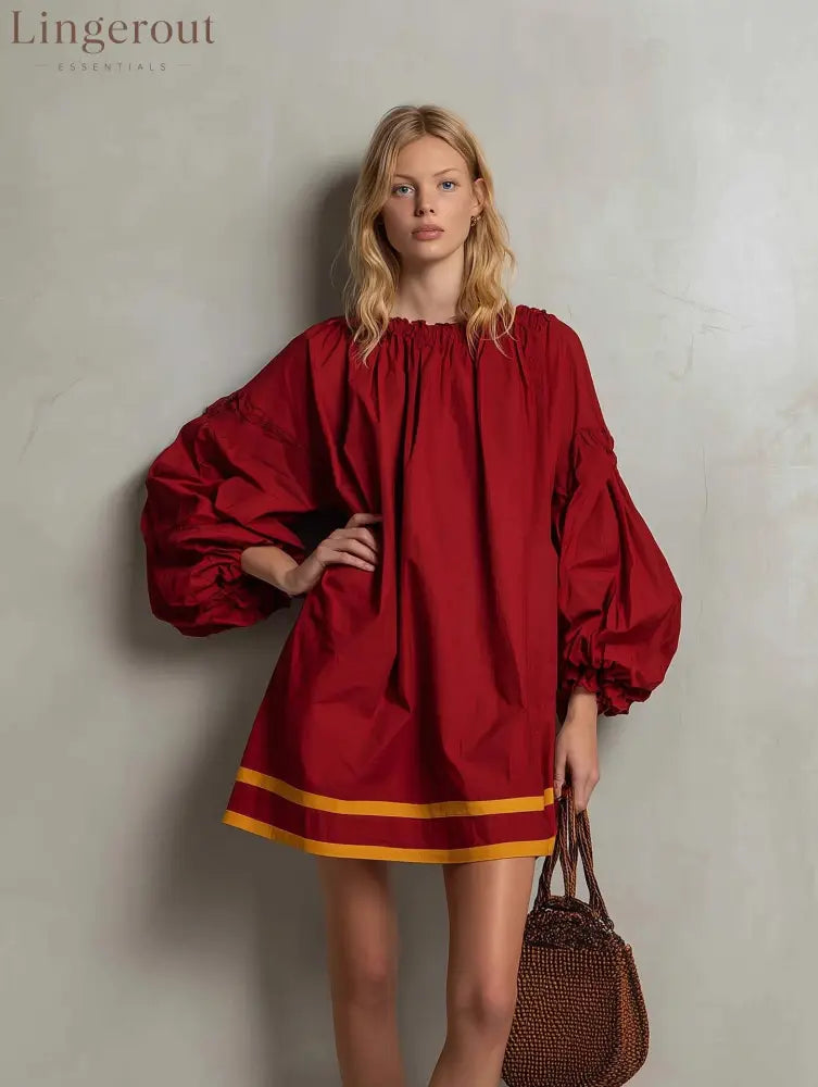 Ruffled Neck Balloon Sleeve Contrast Trim Poplin Mini Dress - red / S