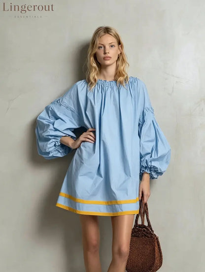 Ruffled Neck Balloon Sleeve Contrast Trim Poplin Mini Dress - sky‑blue / S