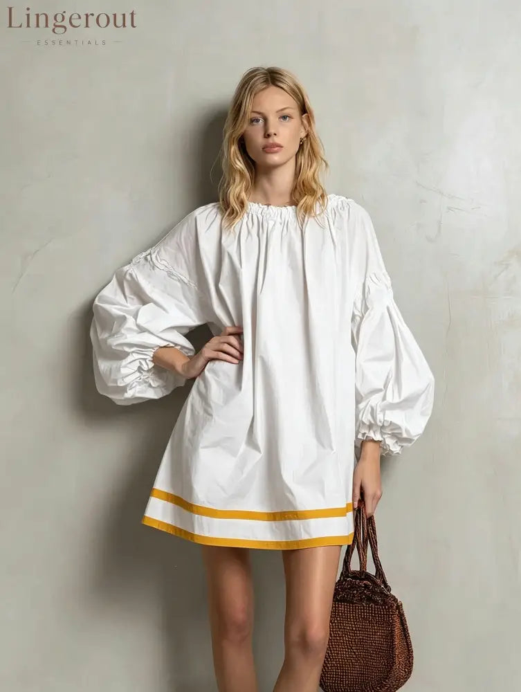 Ruffled Neck Balloon Sleeve Contrast Trim Poplin Mini Dress - white / S
