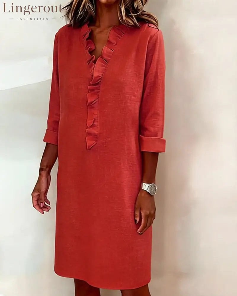 Ruffled V-Neck Solid Color Dress