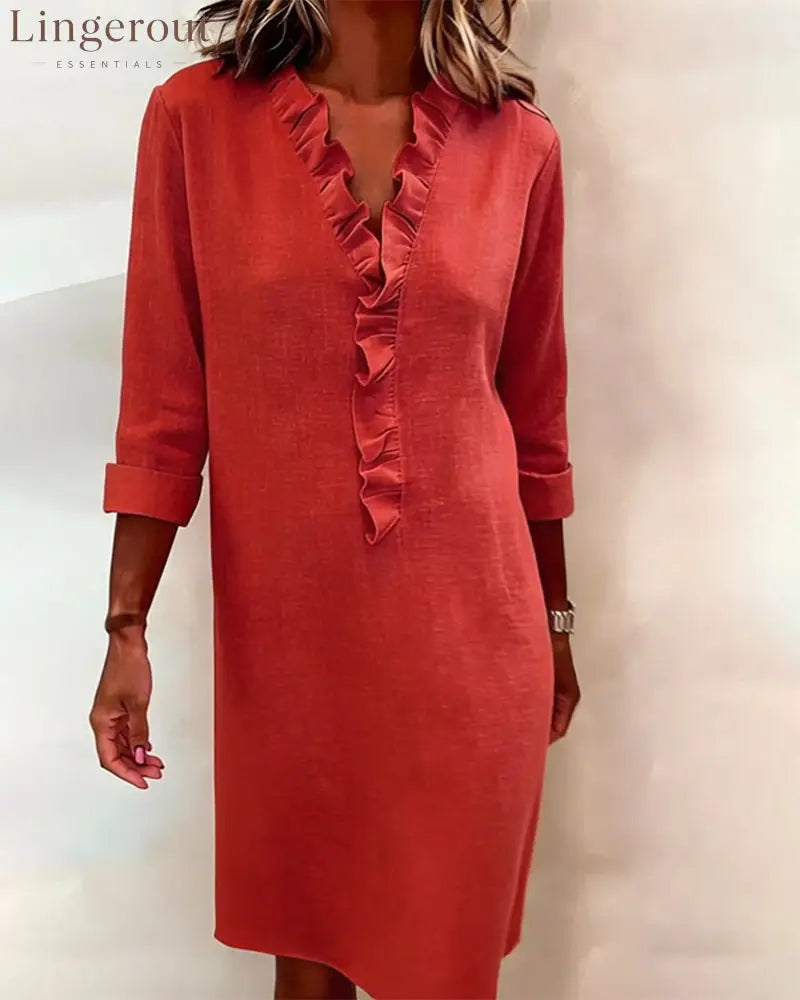 Ruffled V-Neck Solid Color Dress