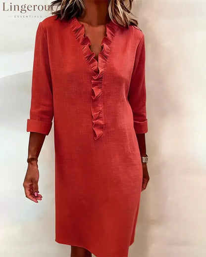 Ruffled V-Neck Solid Color Dress