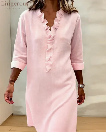 Ruffled V-Neck Solid Color Dress