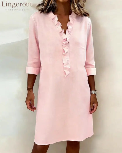 Ruffled V-Neck Solid Color Dress