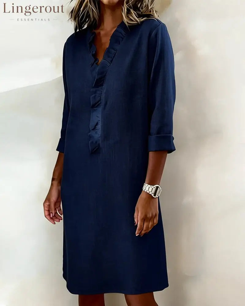 Ruffled V-Neck Solid Color Dress