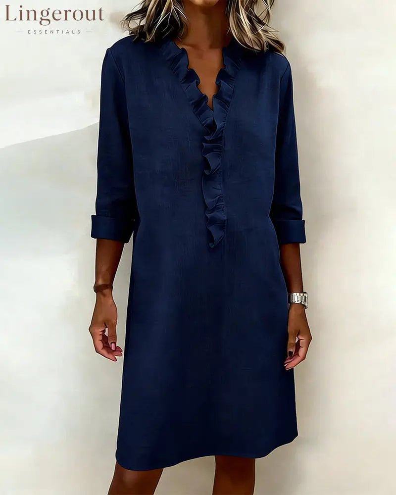 Ruffled V-Neck Solid Color Dress - Navy Blue / S
