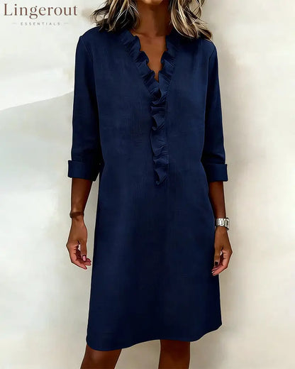 Ruffled V-Neck Solid Color Dress - Navy Blue / S