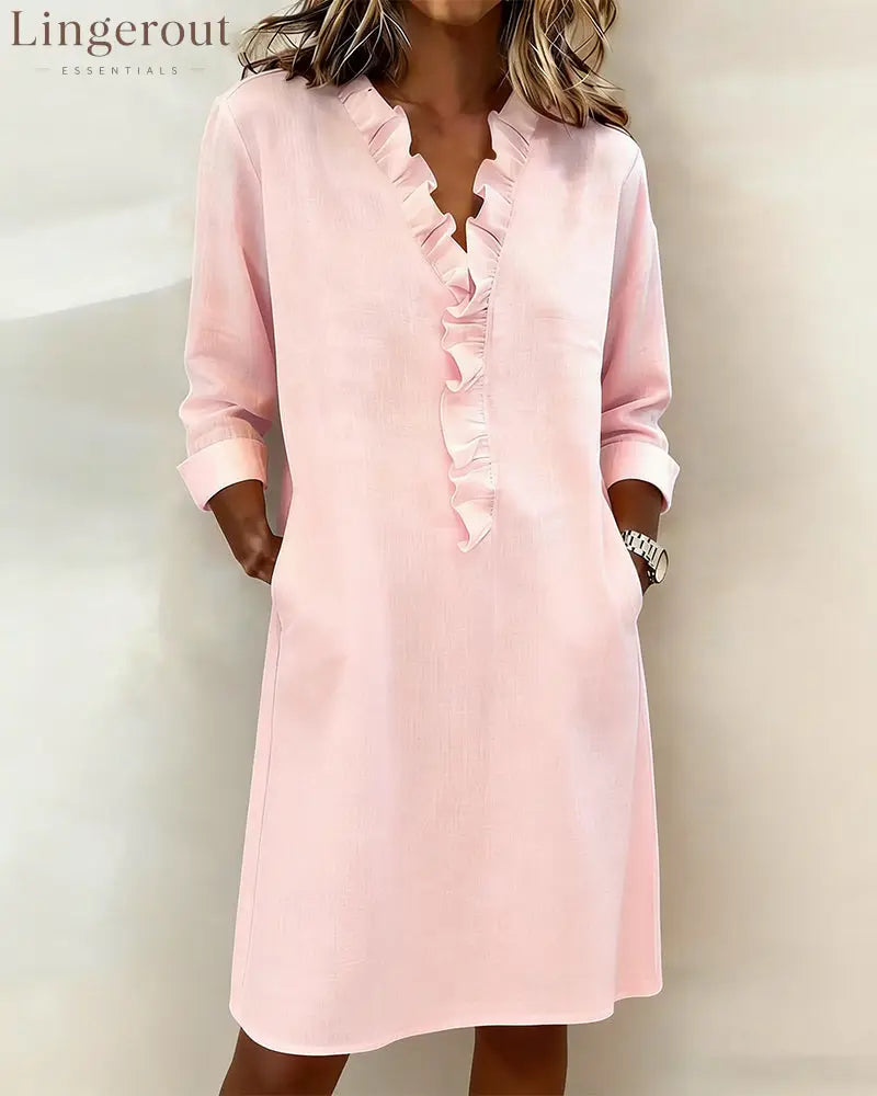 Ruffled V-Neck Solid Color Dress - Pink / S
