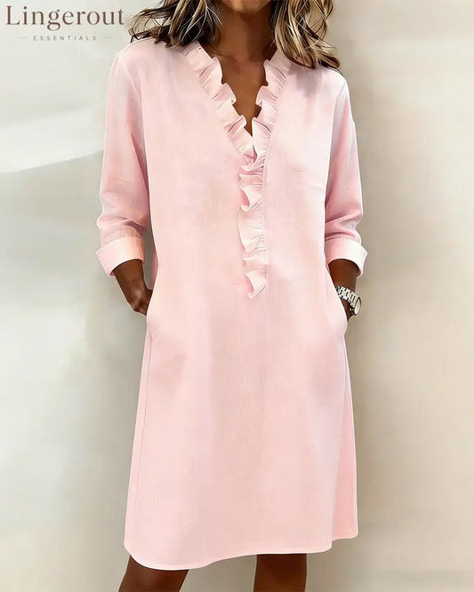 Ruffled V-Neck Solid Color Dress - Pink / S