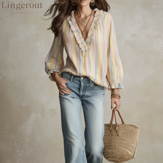 Ruffled V-Neck Striped Blouse