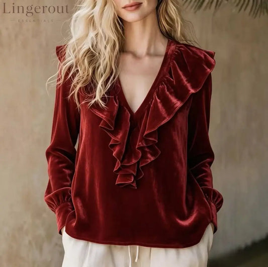 Ruffled V-Neck Velvet Long Sleeve Blouse