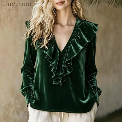 Ruffled V-Neck Velvet Long Sleeve Blouse - Green / S
