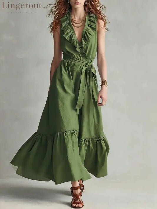 🌿 Ruffled V-Neck Wrap Maxi Dress - Army green / S