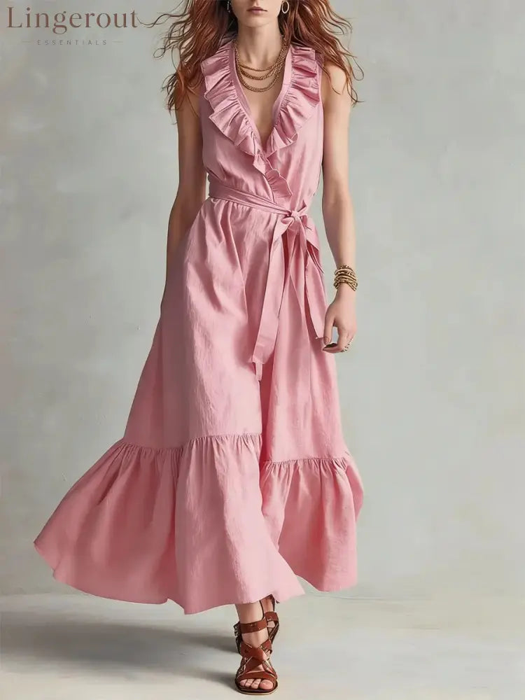 🌿 Ruffled V-Neck Wrap Maxi Dress - Pink / S