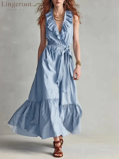 🌿 Ruffled V-Neck Wrap Maxi Dress - Sky blue / S