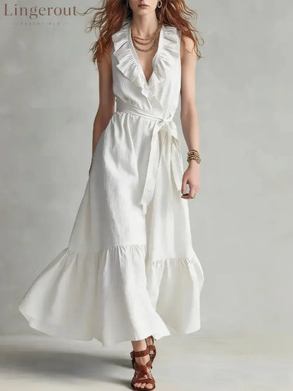 🌿 Ruffled V-Neck Wrap Maxi Dress - White / S