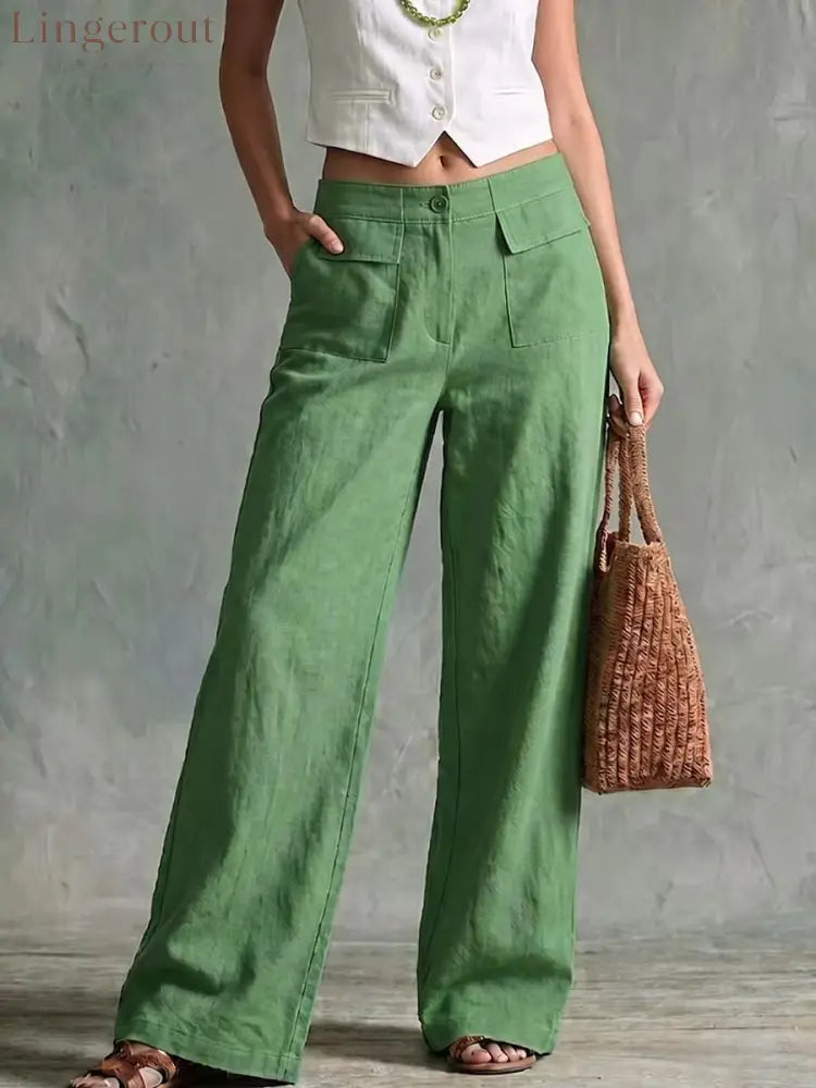 Sage Linen High Waist Patch Pocket Wide Leg Trousers - Green / S