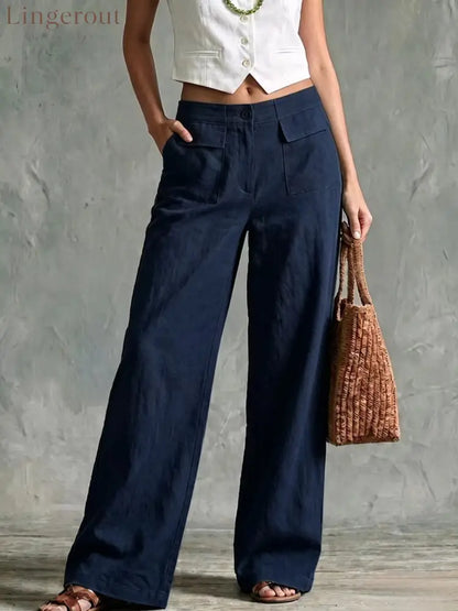 Sage Linen High Waist Patch Pocket Wide Leg Trousers - Navy blue / S
