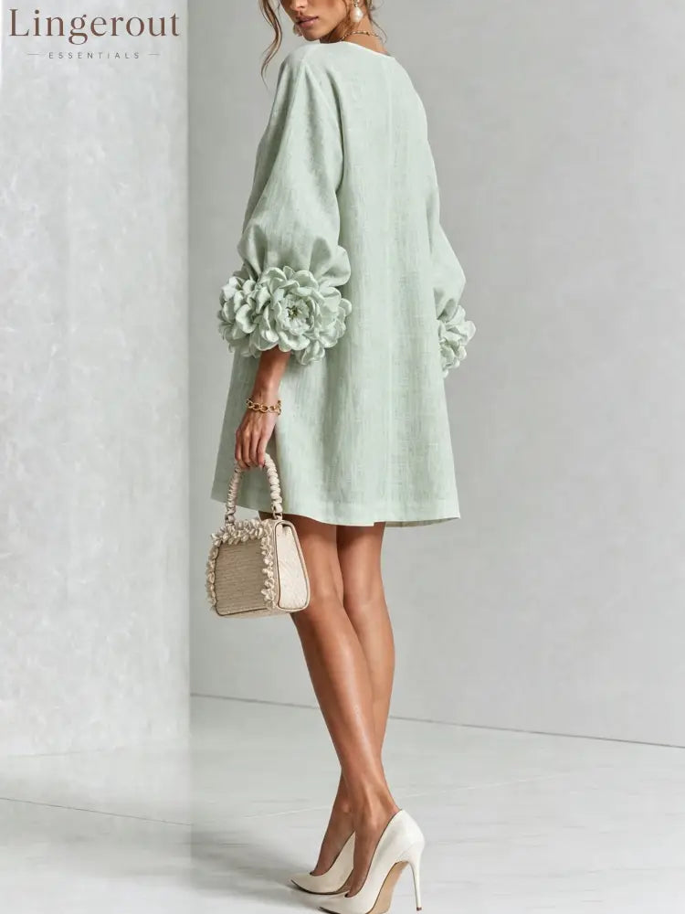 Sage Mist Floral Button-down Mini Dress With Striking Floral Cuffs