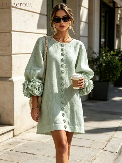 Sage Mist Floral Button-down Mini Dress With Striking Floral Cuffs