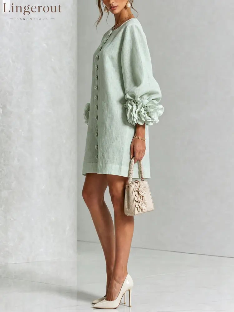 Sage Mist Floral Button-down Mini Dress With Striking Floral Cuffs
