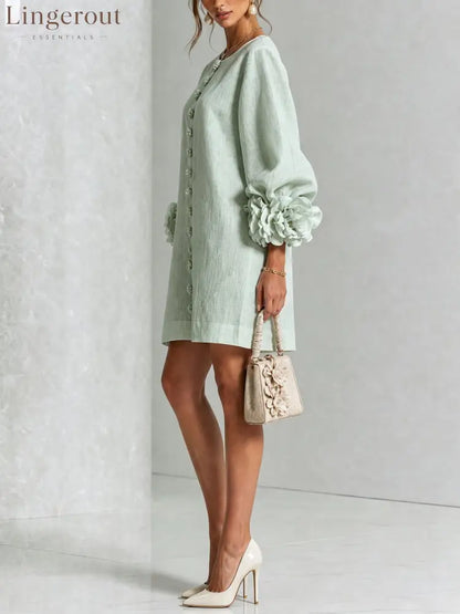 Sage Mist Floral Button-down Mini Dress With Striking Floral Cuffs